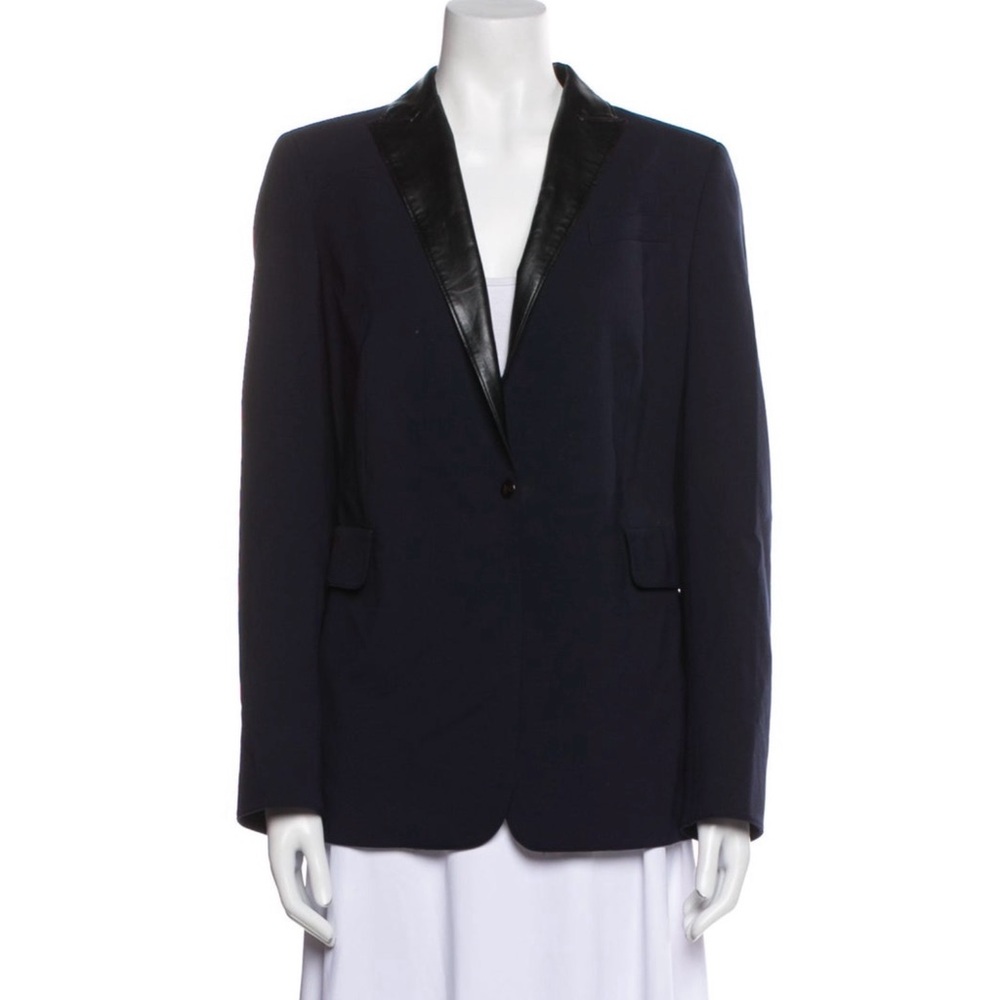 Akris Punto Navy Blazer with Black Leather Trim